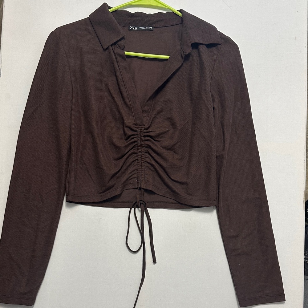 Zara Chocolate Brown Ruched Button Down Shirt